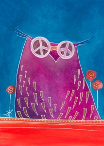 Blue Owl with Peace Sign Sunglasses. © 2014 Aprille Lipton. Original acrylic painting on paper.
