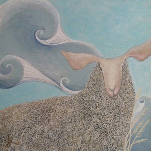 Ewe and Blue Skies © 2014 Aprille Lipton - original sheep acrylic painting on 8x8"wood panel